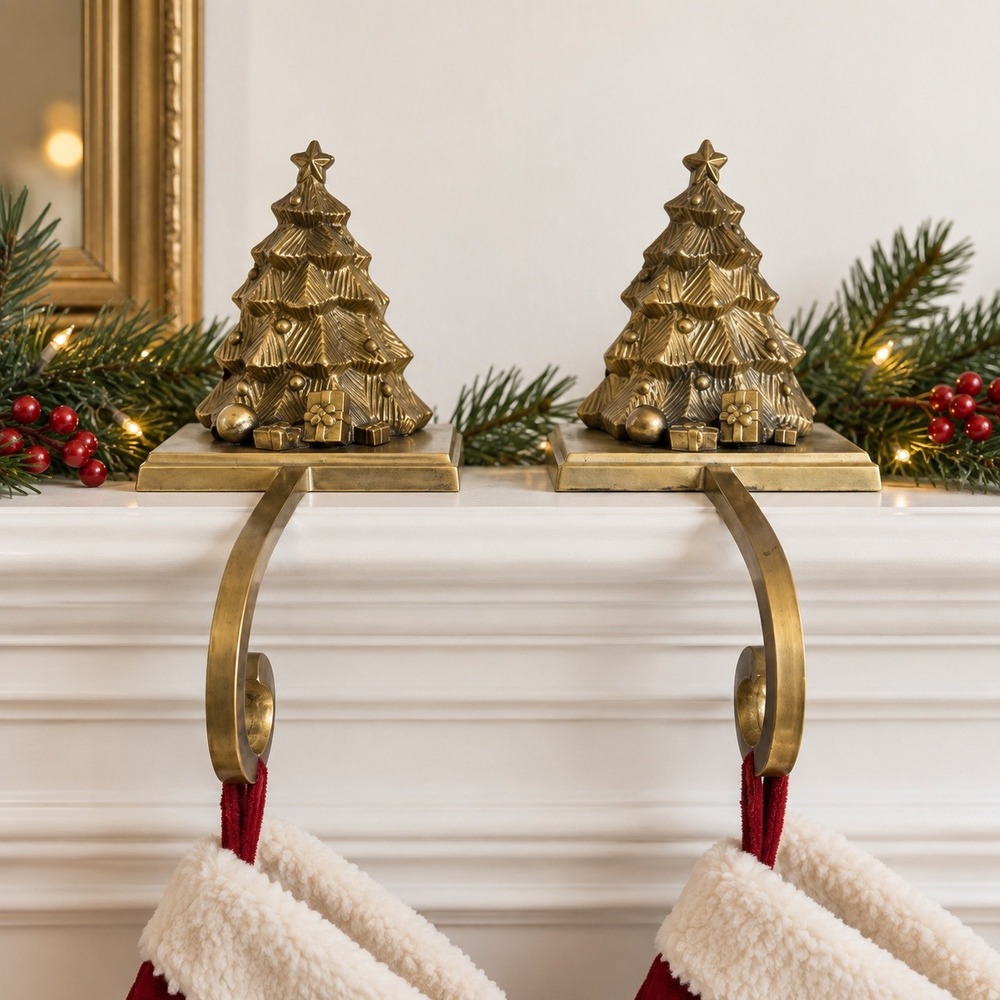Vintage Christmas Tree Brass Stocking Holders Set 2 Pair Long Arm India Heavy